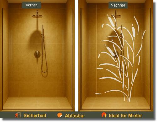Milchglasfolie mit geschwungenen Schilfhalmen als dekorativer Sichtschutz für moderne Glasduschen und Duschabtrennungen.