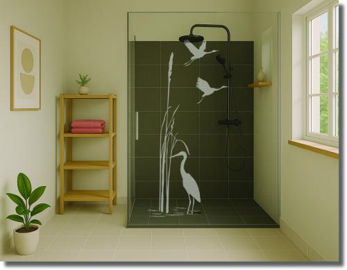 Preview: Duschdekorfolie Glasdekorfolie Sichtschutzfolie Dusche Reiherfamilie im Schilf