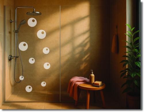 Preview: Moderne Duschfolie mit Kreisdesign auf einer Glasdusche, dekorativer Sichtschutz für Duschtür und elegante Badezimmergestaltung.