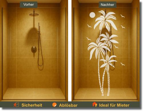 Preview: Duschdekorfolie Glasdekorfolie Sichtschutzfolie Dusche Palmen mit Sonnenuntergang