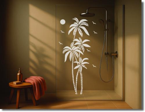 Preview: Duschdekorfolie Glasdekorfolie Sichtschutzfolie Dusche Palmen mit Sonnenuntergang