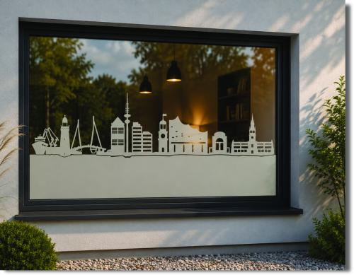 Preview: Fenster mit Sichtschutzfolie Skyline Hamburg City von außen betrachtet mit moderner Hamburger Skyline als stilvolle Glasdekoration.