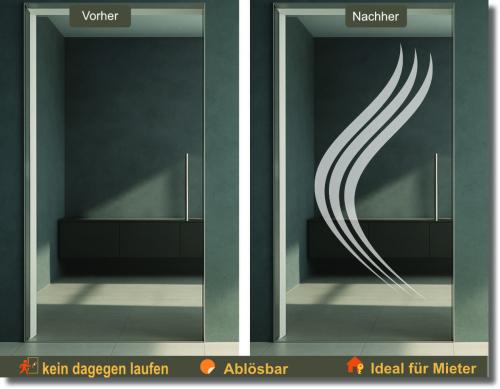 Glasdekorfolie für Glastüren mit elegantem Schwunglinien-Motiv als hochwertige Folie für Glastür nach Maß.