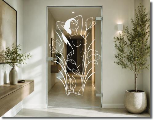 Folie für Glastür Serena mit stilisierter Frauensilhouette, großen Blüten und filigranen Pflanzenlinien als florales Glastürdekor