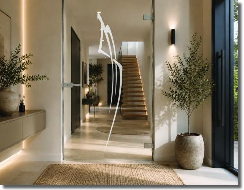 Preview: Glastürfolie Sichel mit langgezogener abstrakter Linienform für eine minimalistische und elegante Gestaltung moderner Ganzglastüren