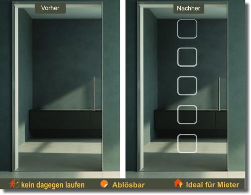 Folie für Glastür mit offenem Quadratmuster als moderne Milchglasfolie für Glastüren und dekorativer Glastür Sichtschutz im skandinavischen Stil.