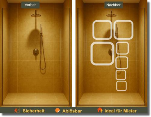 Duschfolie Quadrate mit klarem geometrischem Design für stilvollen Sichtschutz an Glasduschen in modernen Badezimmern.