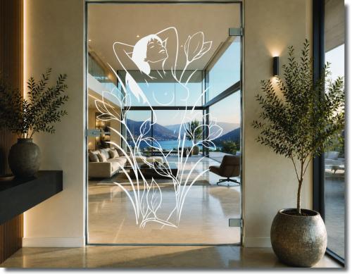 Preview: Glastürfolie Serena mit weiblicher Silhouette zwischen Blüten und Blättern für eine elegante und moderne Gestaltung von Ganzglastüren