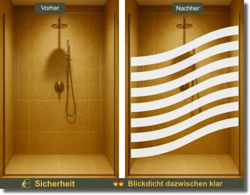 Milchglasfolie mit fließenden Wellenlinien für Glasduschen und Duschabtrennungen als dekorativer Sichtschutz nach Maß.