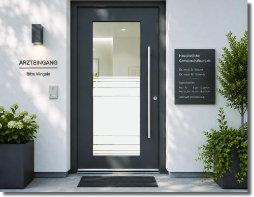 Preview: Folie für Haustürglas Linora mit ruhigem Milchglasdesign und mehreren feinen waagerechten Linien auf hohen rechteckigen Glasflächen
