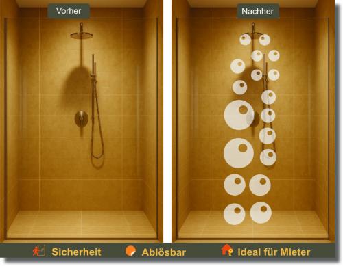 Glasdekorfolie mit unterschiedlich großen Kreisen für die Glasdusche, dekorativer Sichtschutz und stilvolle Gestaltung der Duschabtrennung nach Maß.