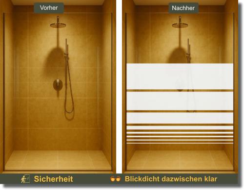 Duschfolie Horizont für eine Glasdusche nach Maß mit horizontalem Liniendesign und großem Sichtschutzbereich im unteren Teil.