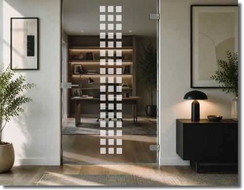 Sichtschutzfolie für Glastüren mit geometrischen Blockstreifen in vertikaler Anordnung für eine moderne Ganzglastür.
