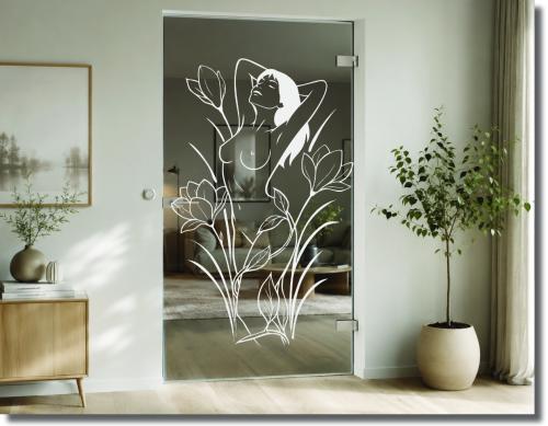 Preview: Folie Glastür Serena mit Frau, Blüten und filigranen Pflanzen als florales Motiv für transparente Glastüren und moderne Wohnbereiche