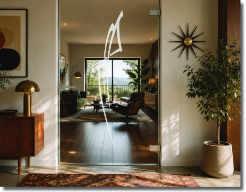 Glasdekorfolie für Glastür mit filigraner Sichelform als dezentes vertikales Motiv für eine leichte und moderne Glasgestaltung