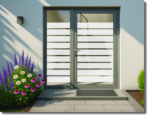 Preview: Sichtschutzfolie für Haustüren im Design Horizont mit breiten und schmalen Milchglasstreifen sowie klaren Zwischenbereichen