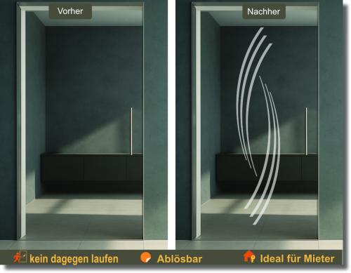 Glastürfolie mit geschwungenem Wellenbogen sorgt für eine dezente Lichtwirkung und setzt stilvolle Akzente auf klaren Glasflächen.