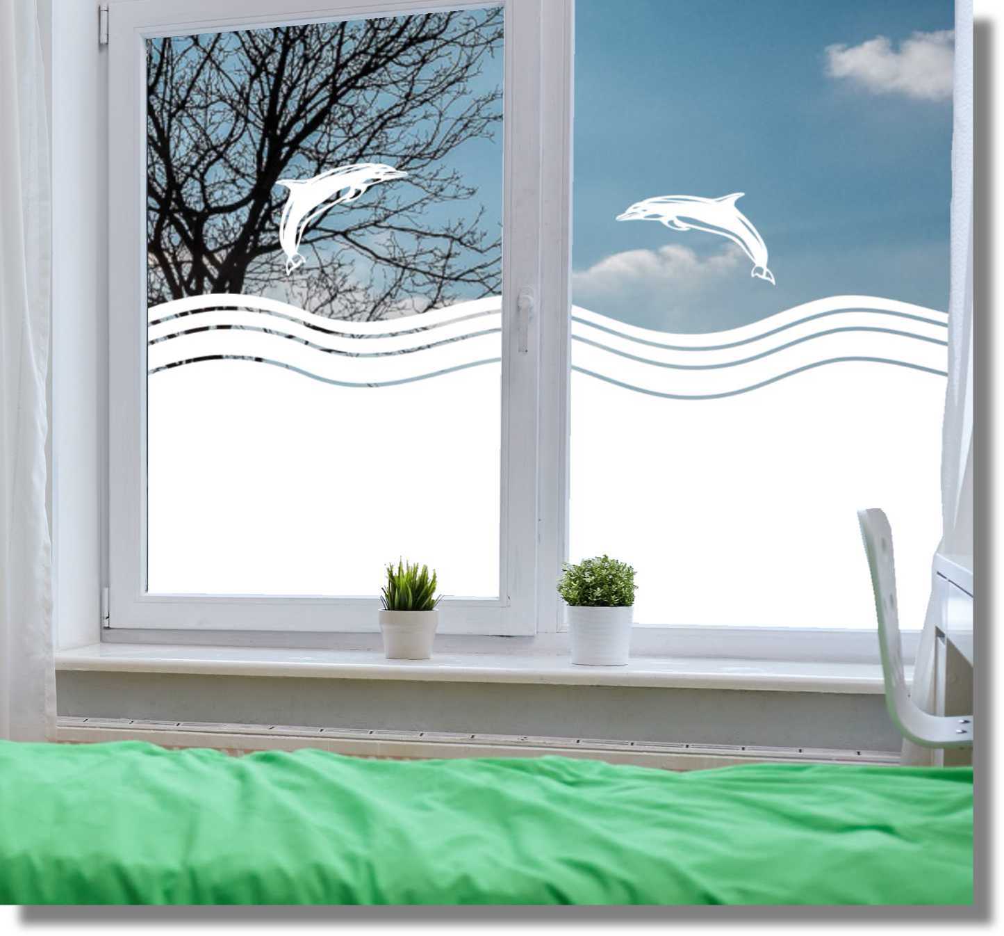 Sichtschutzfolie Badezimmer Dekorfolie springende Delphine Milchglasfolie  Aufkleber Kinderzimmer - Wecke-Design