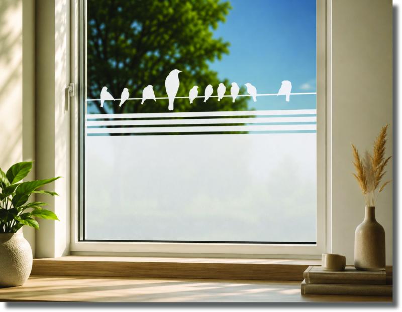 Fensterfolie Anait mit sitzenden Vögeln auf Ästen im unteren Fensterbereich, Sichtschutz für Küchenfenster mit freiem Lichteinfall und Blickschutz im unteren Glasbereich