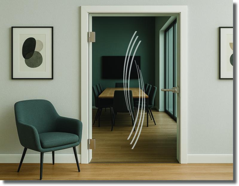 Folie für Glastür mit mehreren geschwungenen Wellenlinien als elegantes, modernes Design für dekorativen Sichtschutz an einer Ganzglastür.