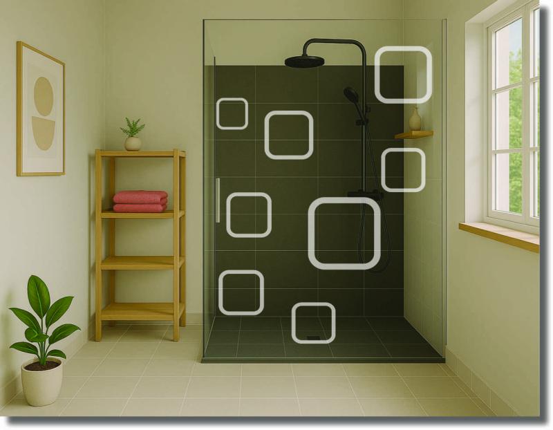 Duschfolie Quadrate mit unterschiedlich großen Quadraten als moderner Sichtschutz für eine Glasdusche nach Maß.