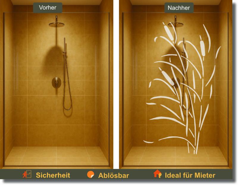 Milchglasfolie mit geschwungenen Schilfhalmen als dekorativer Sichtschutz für moderne Glasduschen und Duschabtrennungen.