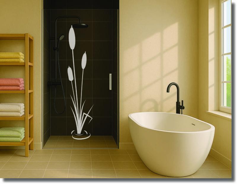 Duschfolie mit dem Motiv Schilf Wasser als eleganter Sichtschutz für moderne Glasduschen und Duschabtrennungen nach Maß.