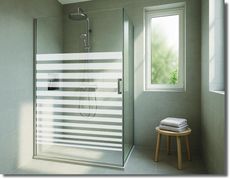 Glasdekorfolie mit gleichmäßigen horizontalen Balken für eleganten Sichtschutz an einer modernen Glasdusche.