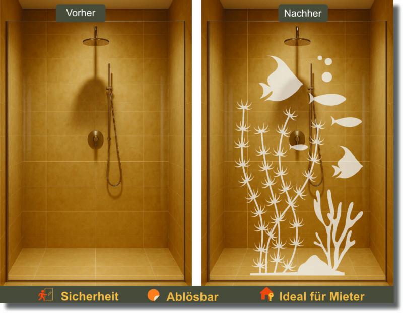 Duschfolie mit maritimem Design und schwimmenden Fischen als eleganter Sichtschutz für Glasdusche und Duschabtrennung.