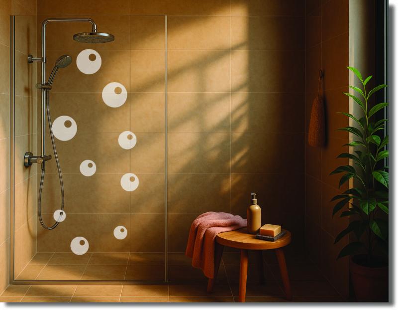 Moderne Duschfolie mit Kreisdesign auf einer Glasdusche, dekorativer Sichtschutz für Duschtür und elegante Badezimmergestaltung.