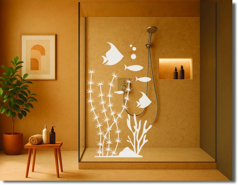 Duschfolie mit Unterwasser-Motiv aus Fischen, Wasserpflanzen und Korallen als dekorativer Sichtschutz für eine moderne Glasdusche.