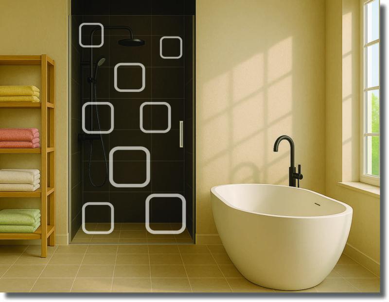 Glasdekorfolie Quadrate mit abgerundeten geometrischen Formen für eleganten Sichtschutz an einer modernen Glasdusche.
