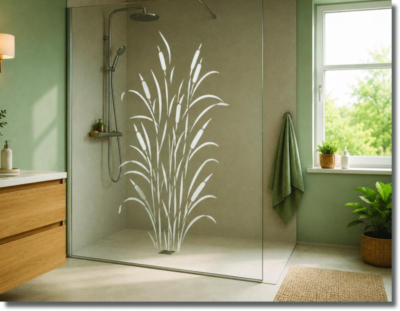 Selbstklebende Duschfolie mit filigranem Röhricht als stilvoller Sichtschutz für Glasdusche und Duschtür im Badezimmer.