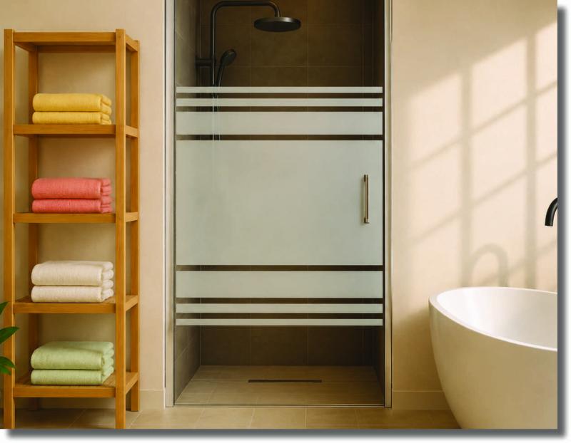 Duschfolie mit horizontalem Streifendesign auf einer Glasdusche für stilvollen Sichtschutz an der modernen Duschabtrennung.