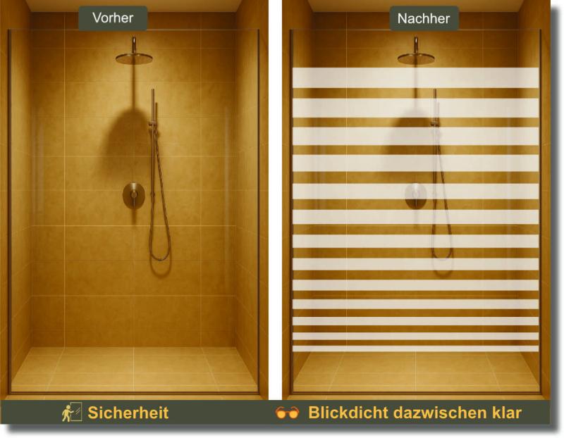 Selbstklebende Duschfolie mit waagerechten Balken als stilvoller Sichtschutz für Glasduschen und Duschtüren.