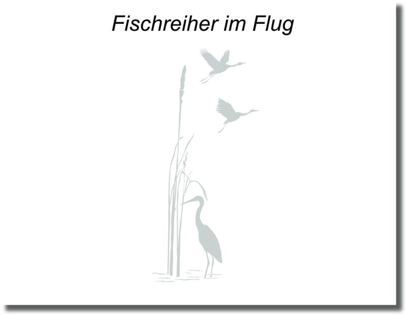 Sichtschutz-Duschfolie mit Fischreiher im Schilf und zwei fliegenden Reihern als elegantes Naturmotiv für eine Glasdusche.
