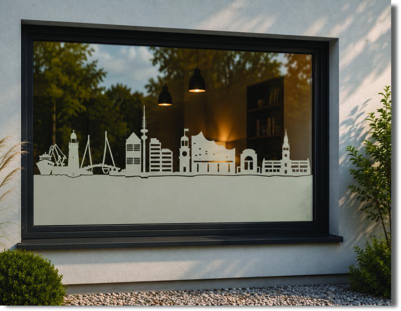 Fenster mit Sichtschutzfolie Skyline Hamburg City von außen betrachtet mit moderner Hamburger Skyline als stilvolle Glasdekoration.