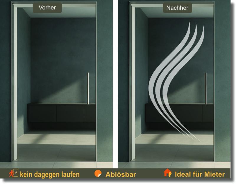 Glasdekorfolie für Glastüren mit elegantem Schwunglinien-Motiv als hochwertige Folie für Glastür nach Maß.