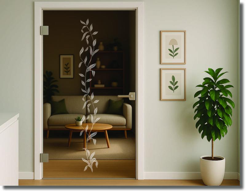 Folie für Glastür mit filigraner Blätterranke als elegantes florales Design für dekorativen Sichtschutz an einer modernen Ganzglastür.