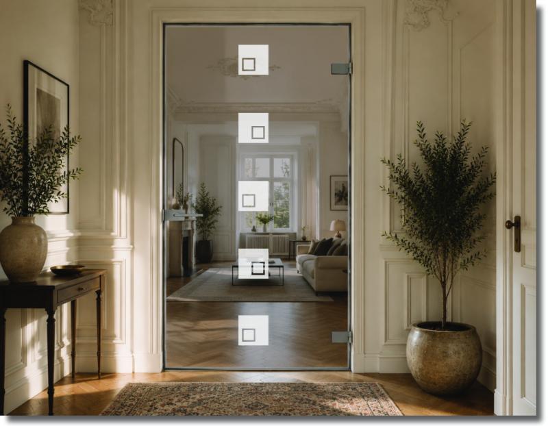 Glastürfolie Verschachtelte Quadrate mit kleinen Quadraten innerhalb größerer Formen für eine moderne minimalistische Türgestaltung.