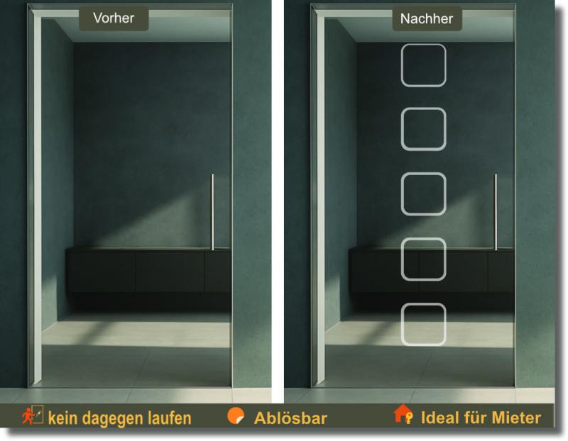 Folie für Glastür mit offenem Quadratmuster als moderne Milchglasfolie für Glastüren und dekorativer Glastür Sichtschutz im skandinavischen Stil.