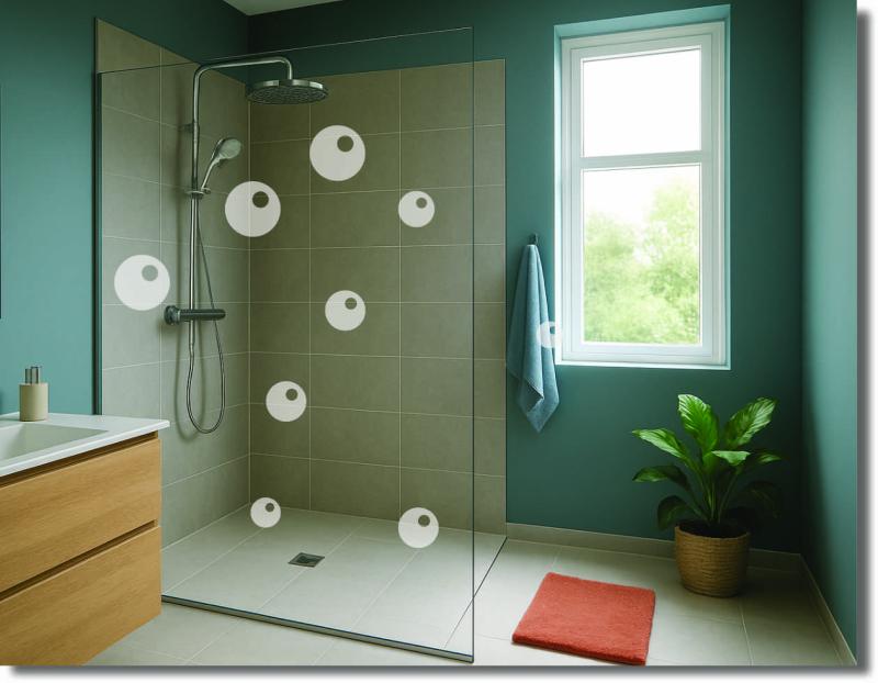 Glasdusche mit Duschfolie aus verschieden großen Kreiselementen für dezenten Sichtschutz und modernes Design auf der Duschabtrennung.