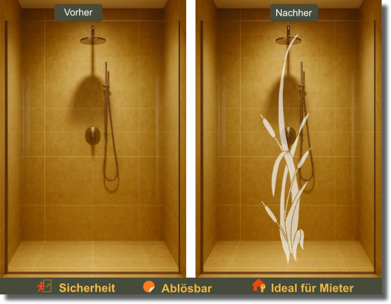 Selbstklebende Duschfolie mit elegantem Schilfdesign auf einer Glasdusche für dekorativen Sichtschutz im Badezimmer.