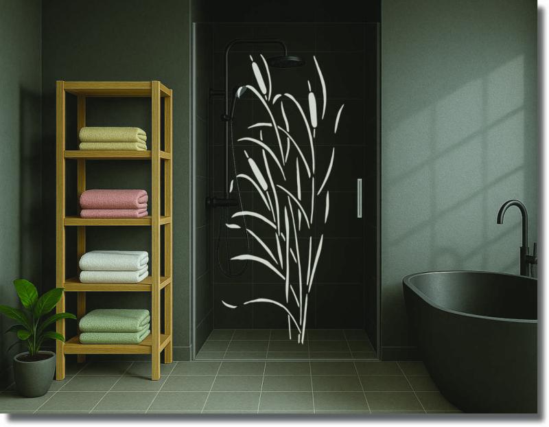 Glasdekorfolie mit dem Motiv Schilfzauber für die Glasdusche, die natürlichen Sichtschutz und eine ruhige Atmosphäre schafft.
