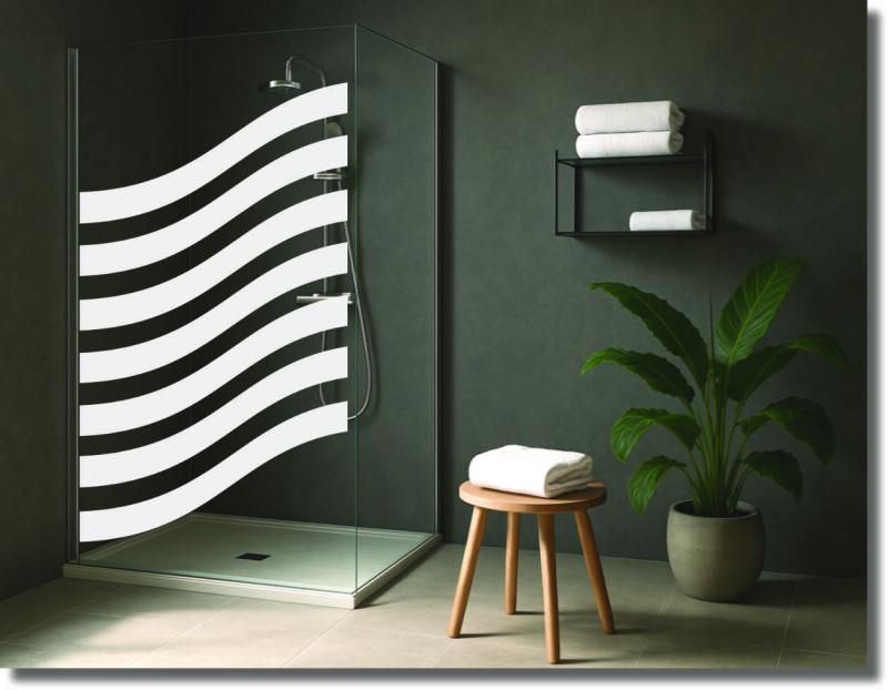 Glasdekorfolie mit geschwungenem Balkendesign als eleganter Sichtschutz für moderne Glasduschen im Badezimmer.