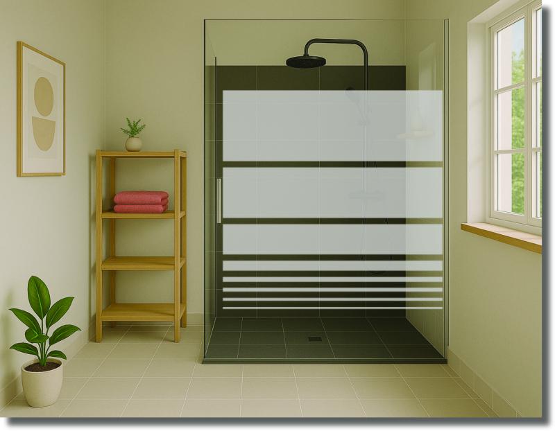 Sichtschutz-Duschfolie Horizont mit horizontalen Linien und satinierter Fläche auf einer eleganten Glasdusche.