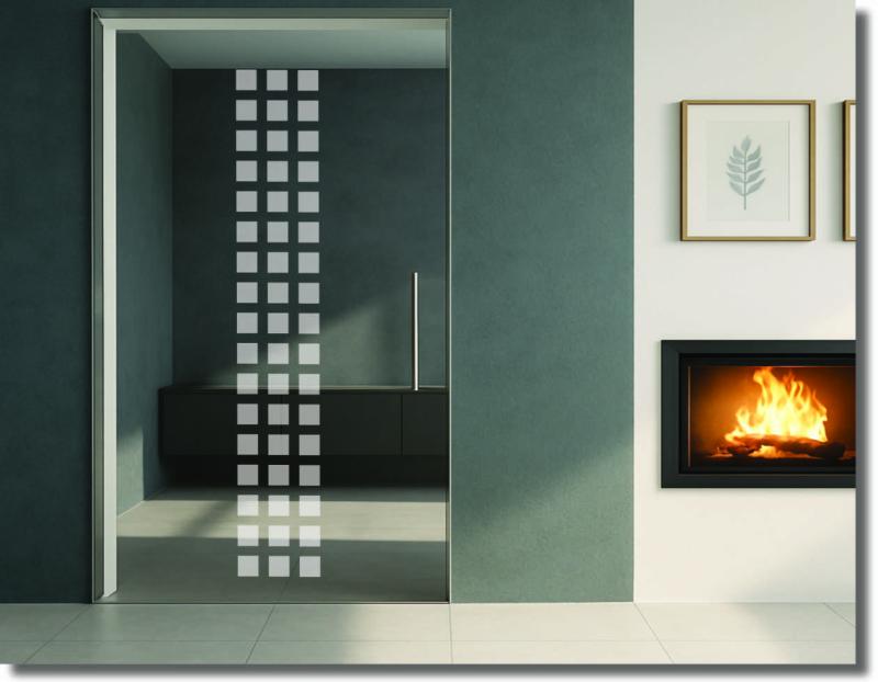 Sichtschutzfolie für Glastüren mit geometrischen Blockstreifen in vertikaler Anordnung für eine moderne Ganzglastür.