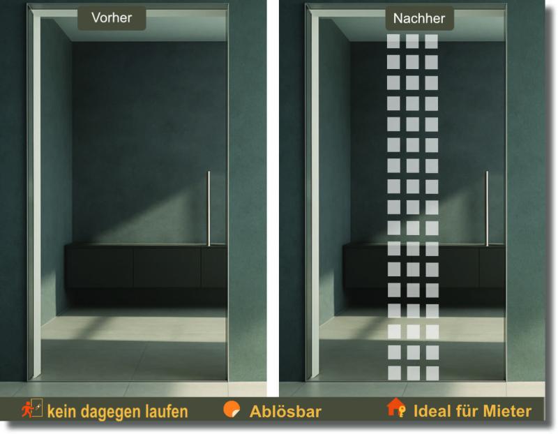 Glasdekorfolie für Glastüren mit vertikalen Blockstreifen als zeitlose Folie für Glastür nach Maß mit klarer Linienführung.