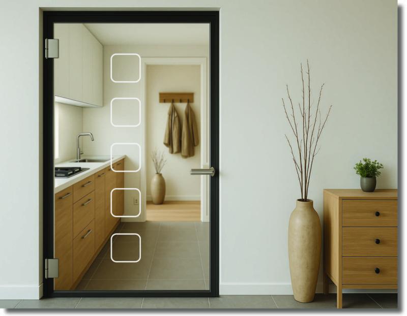 Sichtschutzfolie für Glastüren mit dezentem Quadratmotiv als elegante Glasdekorfolie für minimalistische Wohnräume und moderne Einrichtungen.