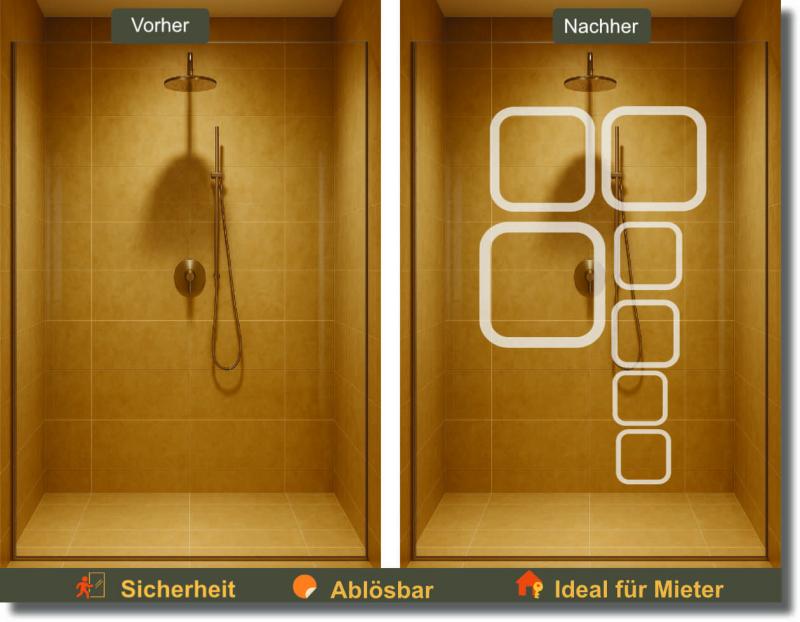 Duschfolie Quadrate mit klarem geometrischem Design für stilvollen Sichtschutz an Glasduschen in modernen Badezimmern.